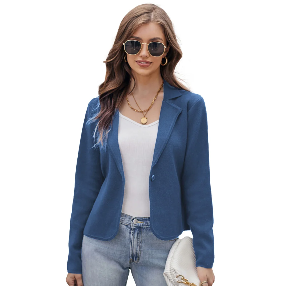 GK Women Cardigan Notch Lapel Blazer Long Sleeve V-Neck One-Button Sweater Slim Fitting Business Attire Autumn Winter Outerwear