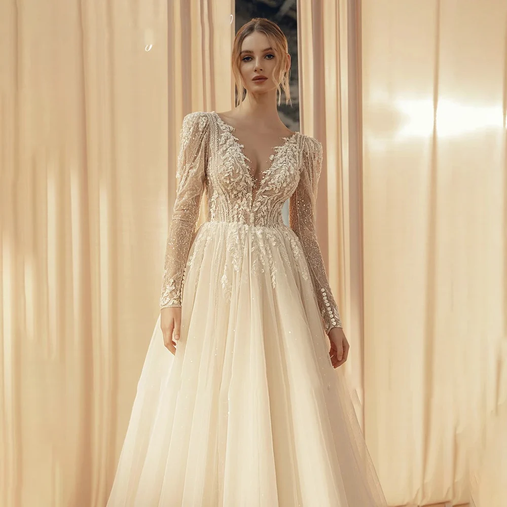 New Delicate Glistening  A Line Wedding Dresses Sexy Tulle O-neck  Long Sleeve Beading Bridal Gowns Customized Party Clothing