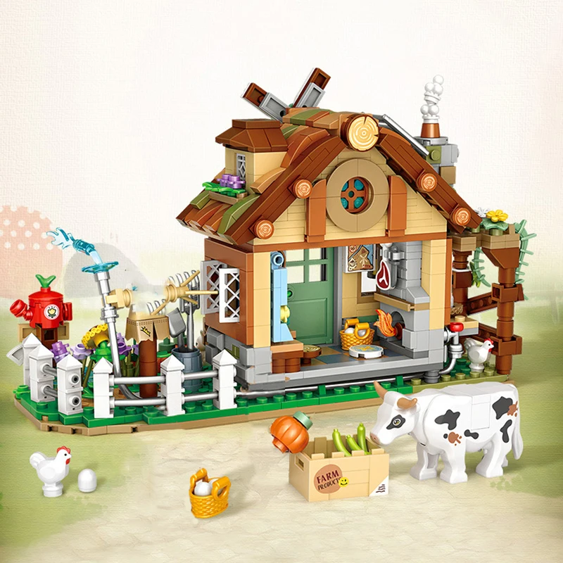 Country House Building Block Set DIY Farm Windmill Animal Model Small Particle Assembled Bricks Children\'s Toys Holiday Gifts