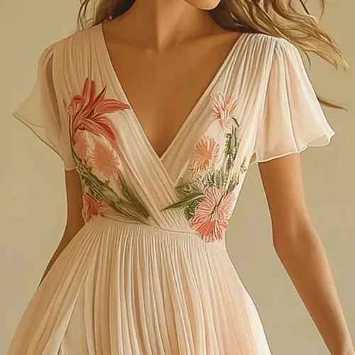 Vestido de noche elegante con estampado Floral y cuello en V para mujer, vestidos de fiesta elegantes de manga corta y cintura alta, vestido de vacaciones para mujer 2025