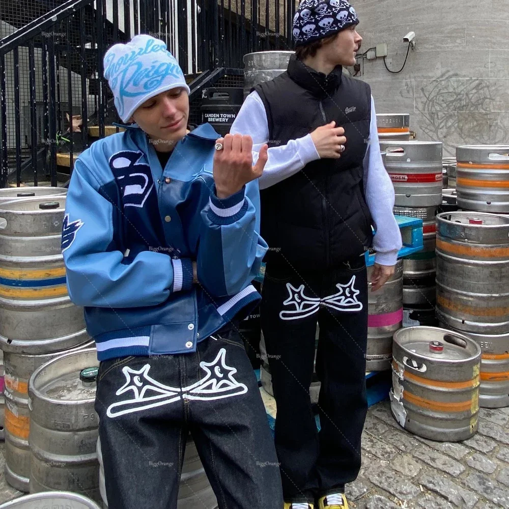 High Quality Star Print Jeans Baggy Slouchy Mens Pants New American Clothes Men Y2k Fashion Loose Straight Wide Leg Streetwear