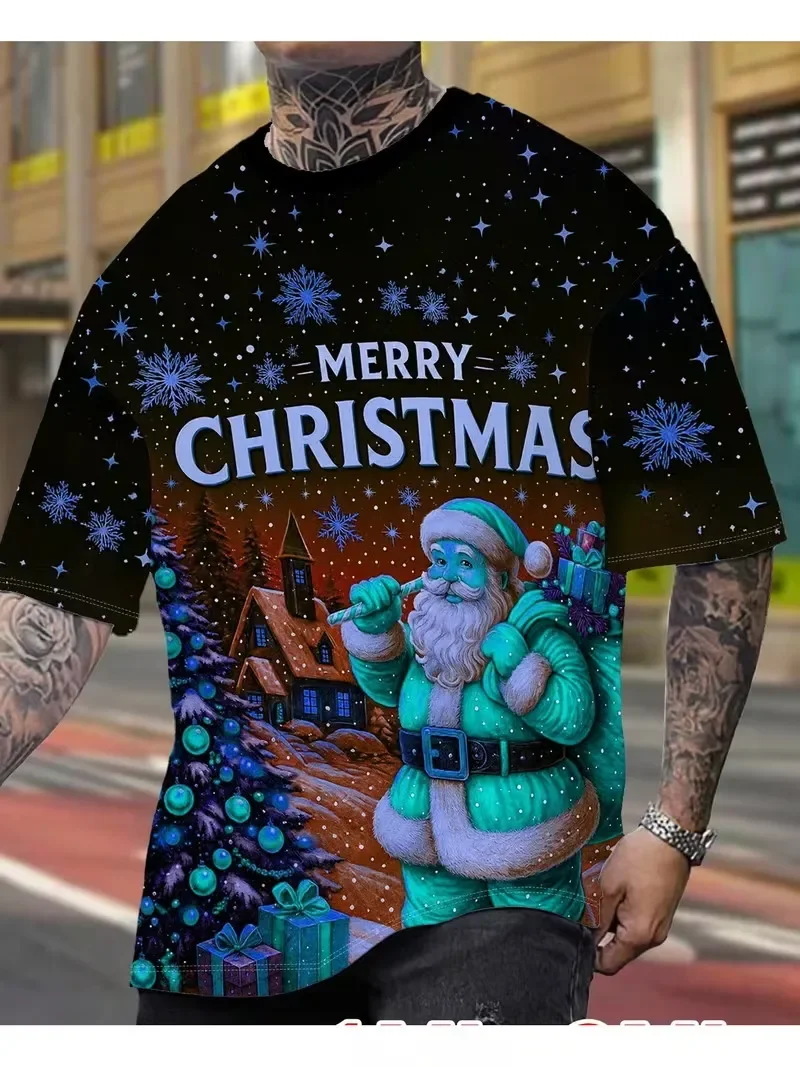 3D Print Santa Claus Costume T‑Shirt for Men Fake Open Suit Muscle Graphic Short Sleeve Tee Christmas Party Novelty Tshirt Tops