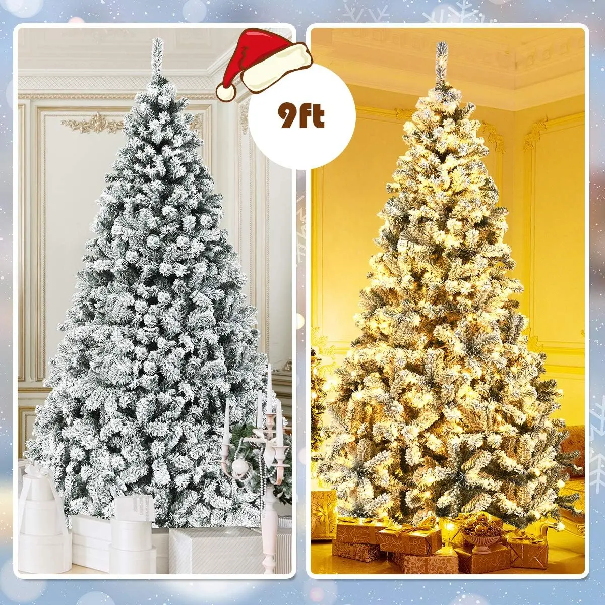 Goplus 9ft Pre-Lit Artificial Christmas Tree Premium PVC Snow Flocked Hinged Pine Tree Metal Stand LED Lights Xmas Decoration