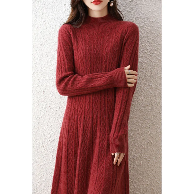 2022 Autumn Winter New Women Fashion Dress 100% Wool Thicken Warm Sweater Dress Long Sleeve Knit Pullover Female Casual Dresses