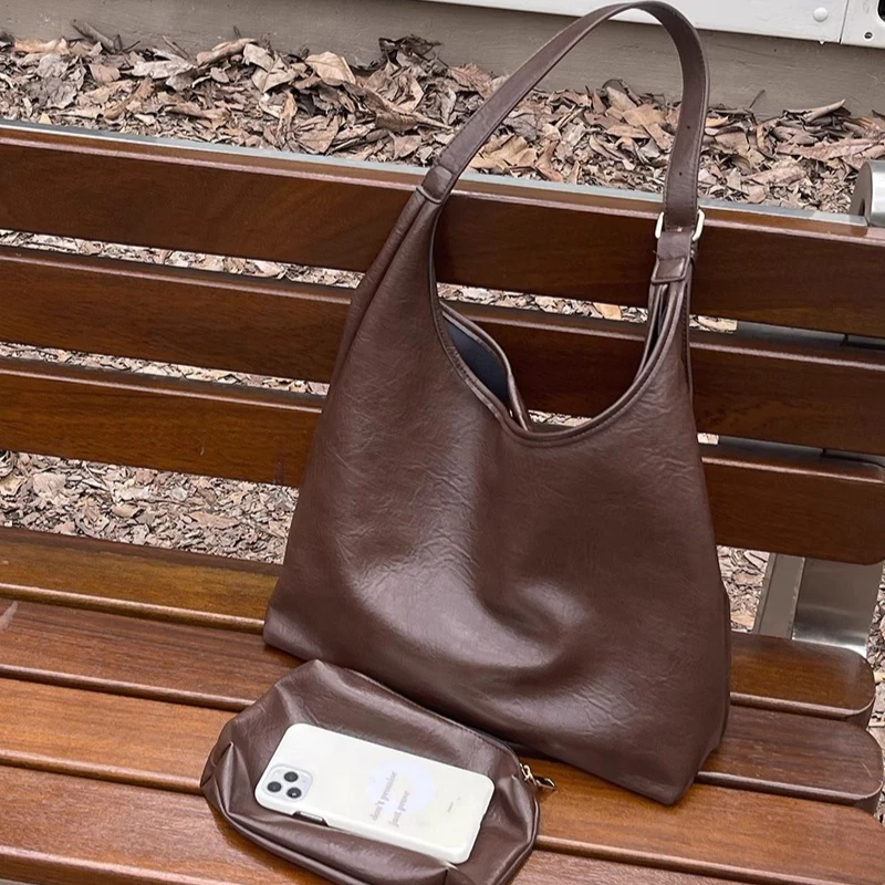 Retro PU Leather Women's Shoulder Bags Casual Large Capacity Female Crossbody Bag Fall Winter College Girls Handbags with Purse