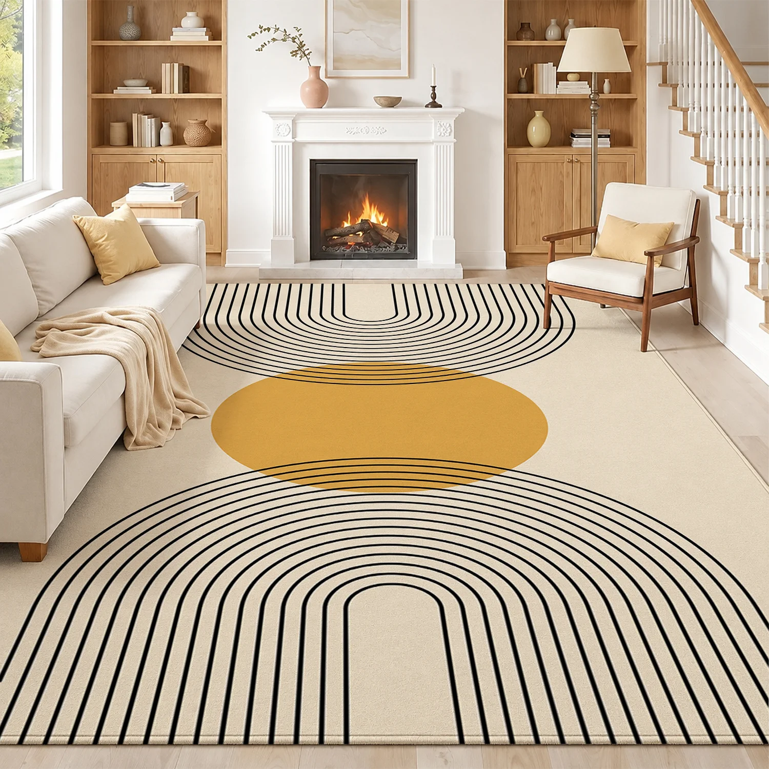 Large Indoor Area Rug, Soft Velvet Low Pile Rug with Non-Slip Dotted Backing, Machine Washable Mid-Century Modern Geometric Rug with Black Curved Lines & Golden Circle, Ideal for Living Room, Bedroom, Entryway