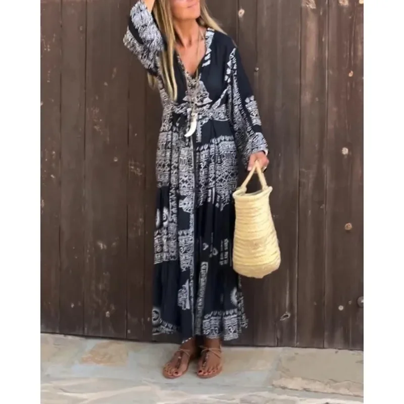Elegant Shirt Dress Ethnic Print Bohemian Dress for Women Vintage Long Sleeve V Neck Loose Vacation Festival A-line Flowy Dress