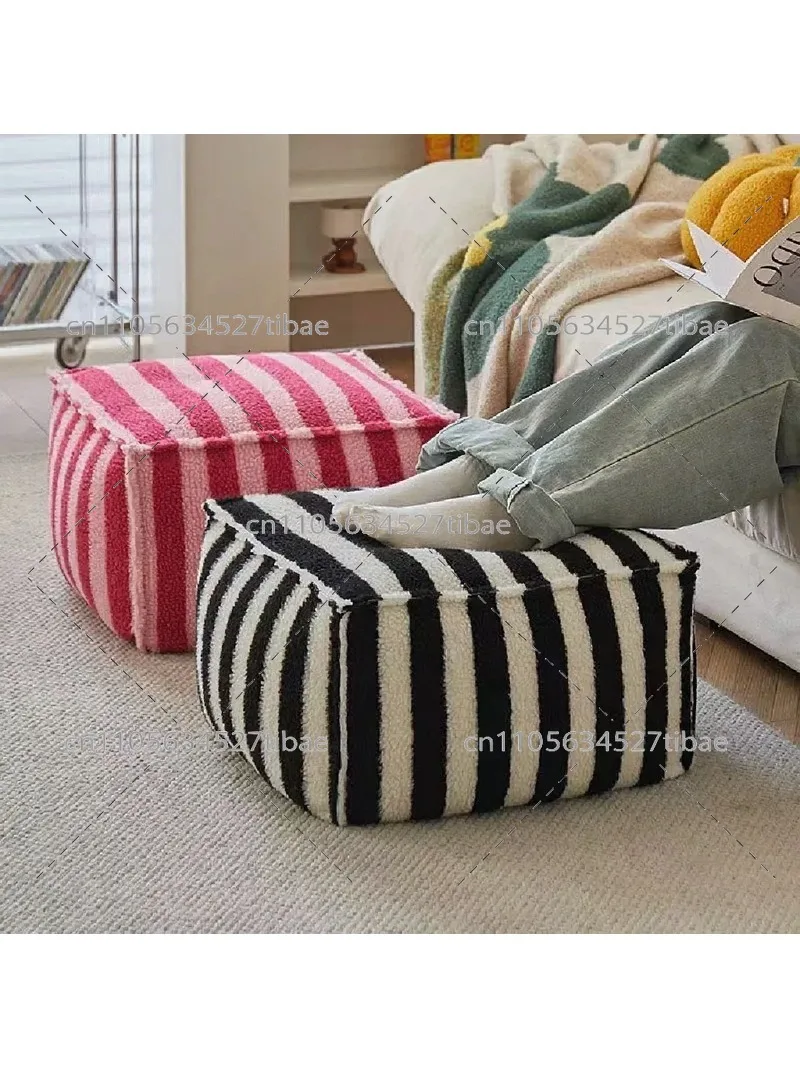 Fluffy Striped Floor Stool for Living Room Shoe Change Tatami Small Seat Cushion Home Furniture