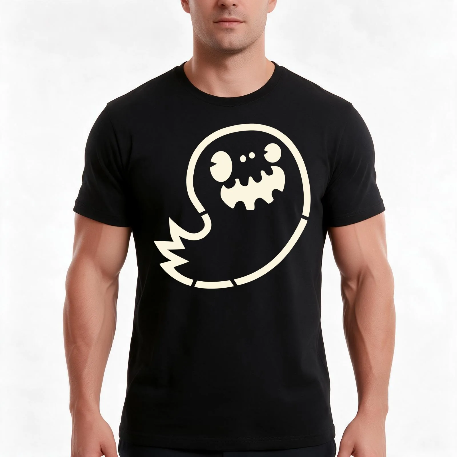 Ghost Boy Stencil T-Shirt, Summer Casual Cotton Tee, Oversized Streetwear Tops, Vintage Graphic Print, Loose Fit Short Sleeve