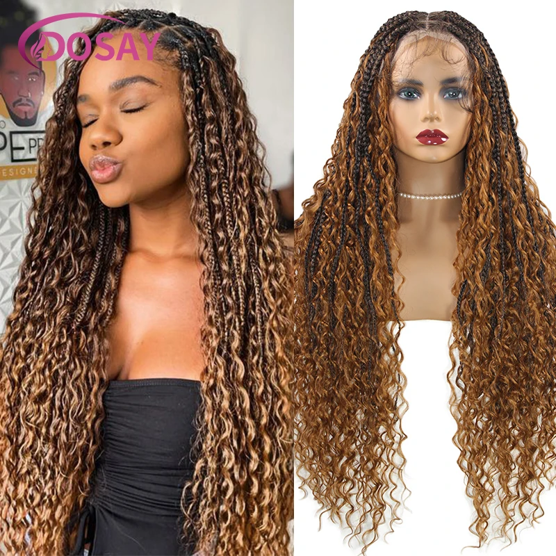 Perruques tressées blondes Boho pour femmes noires, tresses de boîte sans nœuds synthétiques, cheveux bouclés, perruque avant en dentelle complète, perruque de tressage Cornrow