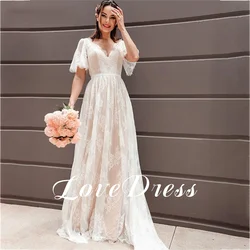 Boho V-Neck Wedding Dress Chiffon A Line Short Sleeve Backless Floor Length Pleated Bridal Dressing Gown Vintage Customized