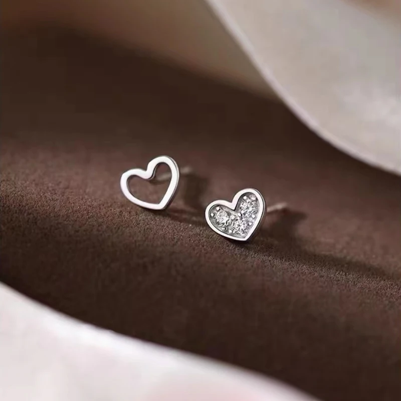 Silver Color Zircon Hollow Heart Mini Stud Earrings For Women Trendy Fine Jewelry Small Niche Luxury Accessories view 3
