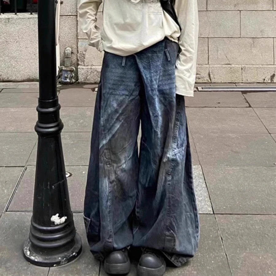Punk Street Style Fashion Denim Pants American Retro Wash Personality Wide Leg Jeans Chic Gothic Pockets Casual Pants Y2k 2025