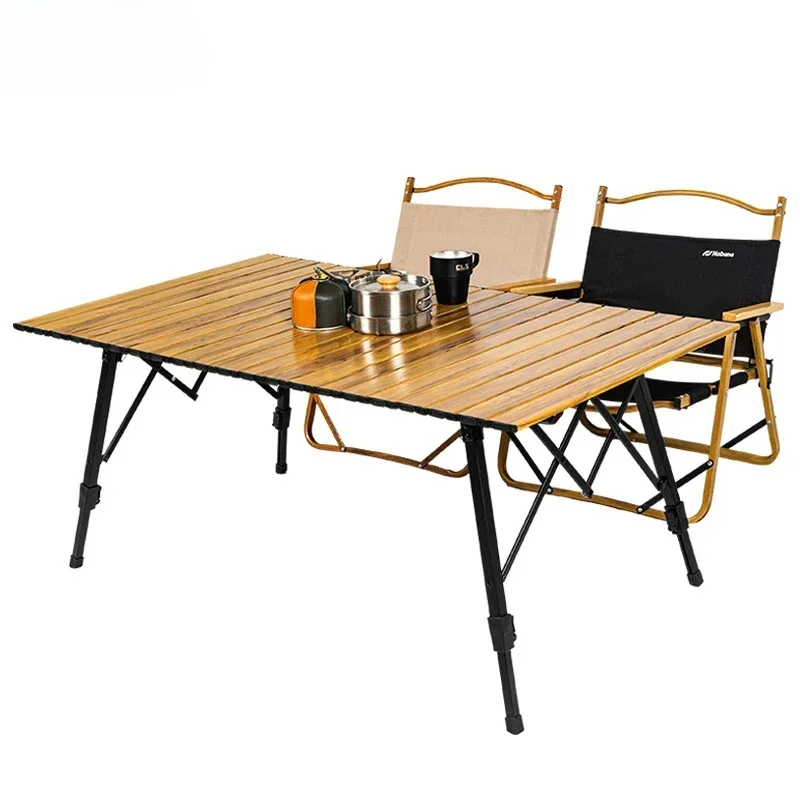 Camping Wood Grain Aluminum Folding Table Large Adjustable Roll-Up Outdoor Dining Portable Picnic Gear Car Travel Adventures