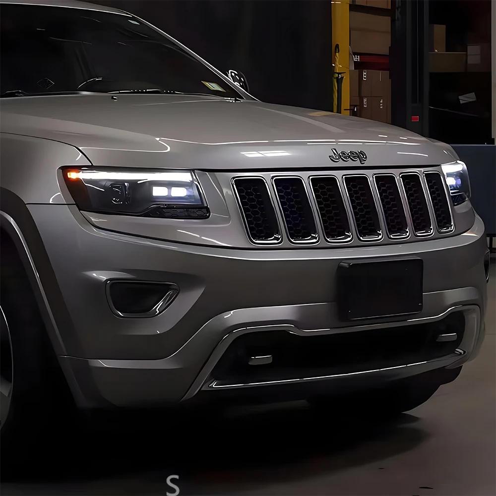 

Автомобильные фары для Jeep Grand Cherokee 2014-2021, автоматические светодиодные фары в сборе, обновленный эффект запуска, инструменты для объектива проектора, аксессуары