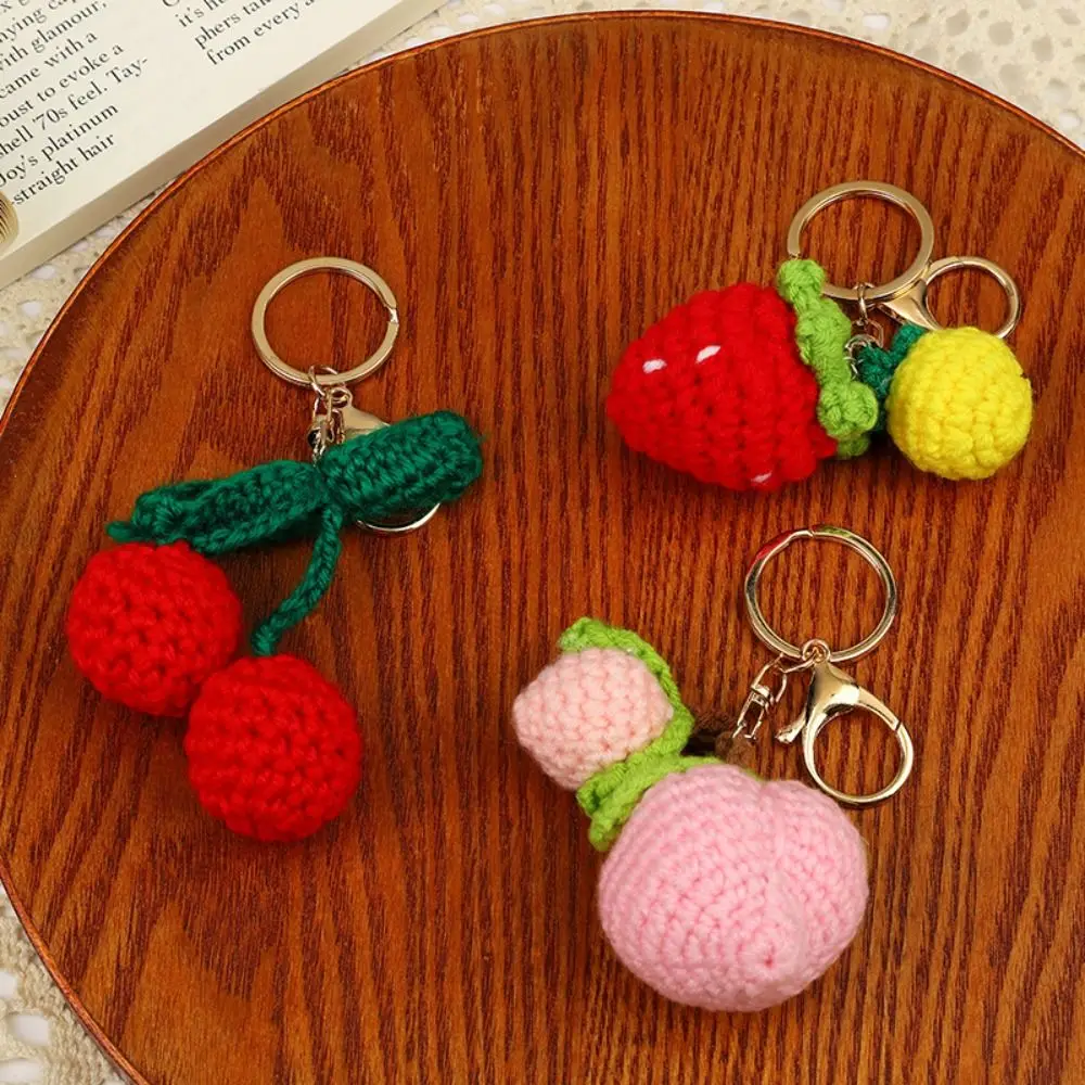 Creative Strawberry Knitted Keychain Cherry Pear Peach Fruit Key Ring Cute Handmade Knitting Pendant Key Holder