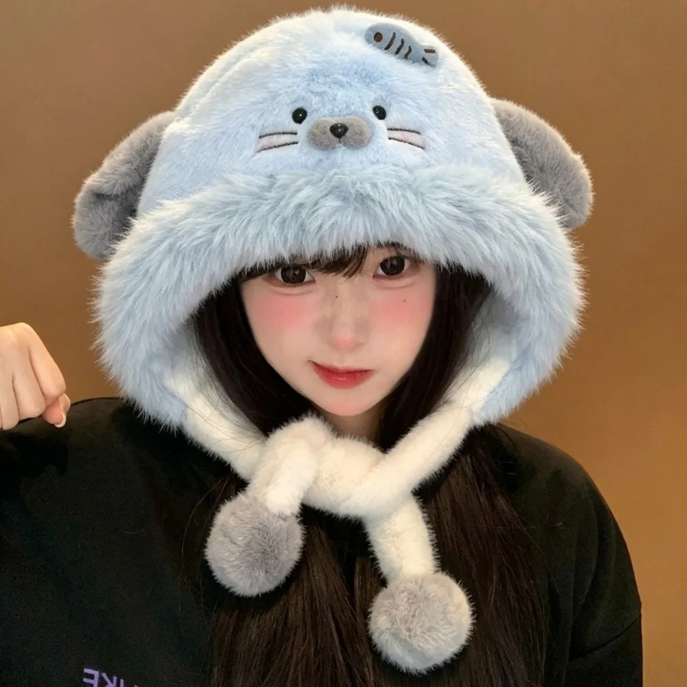 Cute Polyester Seal Trapper Hat 56cm to 58cm Head Circumference Earflap Moving Ears Hat Winter Ear Protection Hat For Women