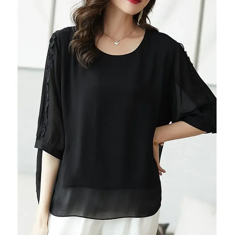 Summer Chiffon Plus Size Irregular Blouses O Neck Short Sleeve Solid Loose Shirt Tops Simplicity Fashion Casual Women Clothes