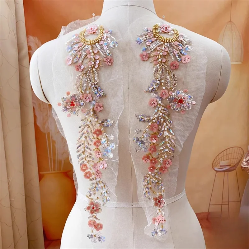 1 Pair Multi-colors Flowers Embroidery Bridal Beading Lace Bodice Mesh Costume Ball Gown dress DIY Accessories Embellishment