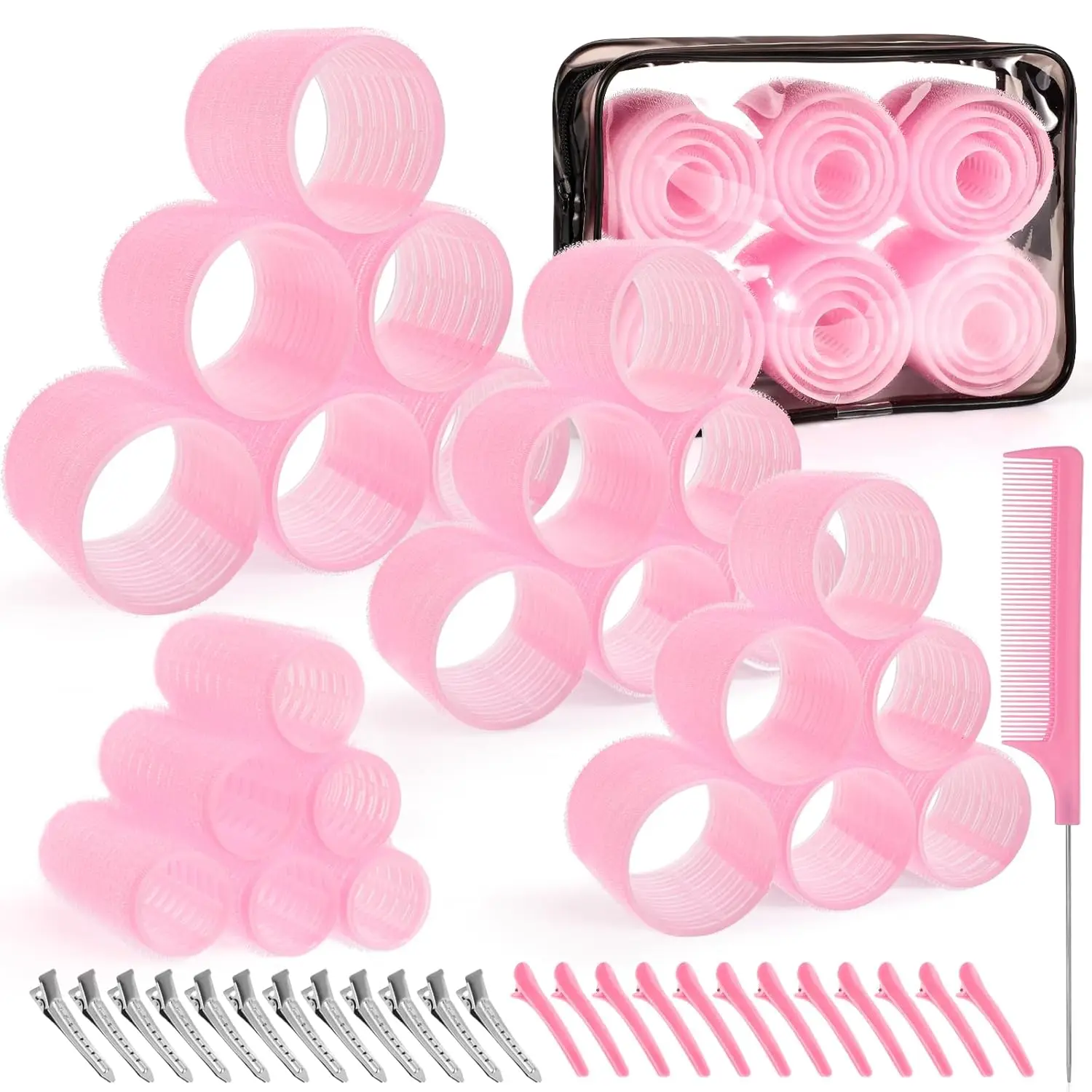 50Pcs Self-Grip Hair Rollers Set with Clips, 4 Sizes for Long Short Hair & Bangs, Pink