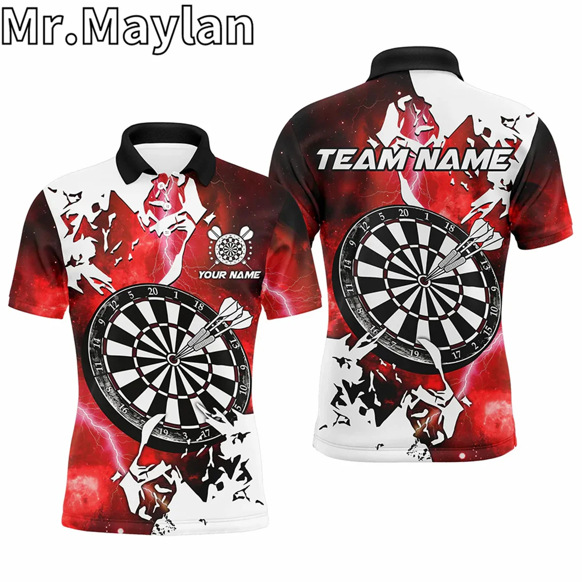 Lightning Grunge Dartboard Custom 3D Darts Red Polo Shirts For Men Darts Team Jerseys Outfits Gift For Darts Lovers Unisex Tops