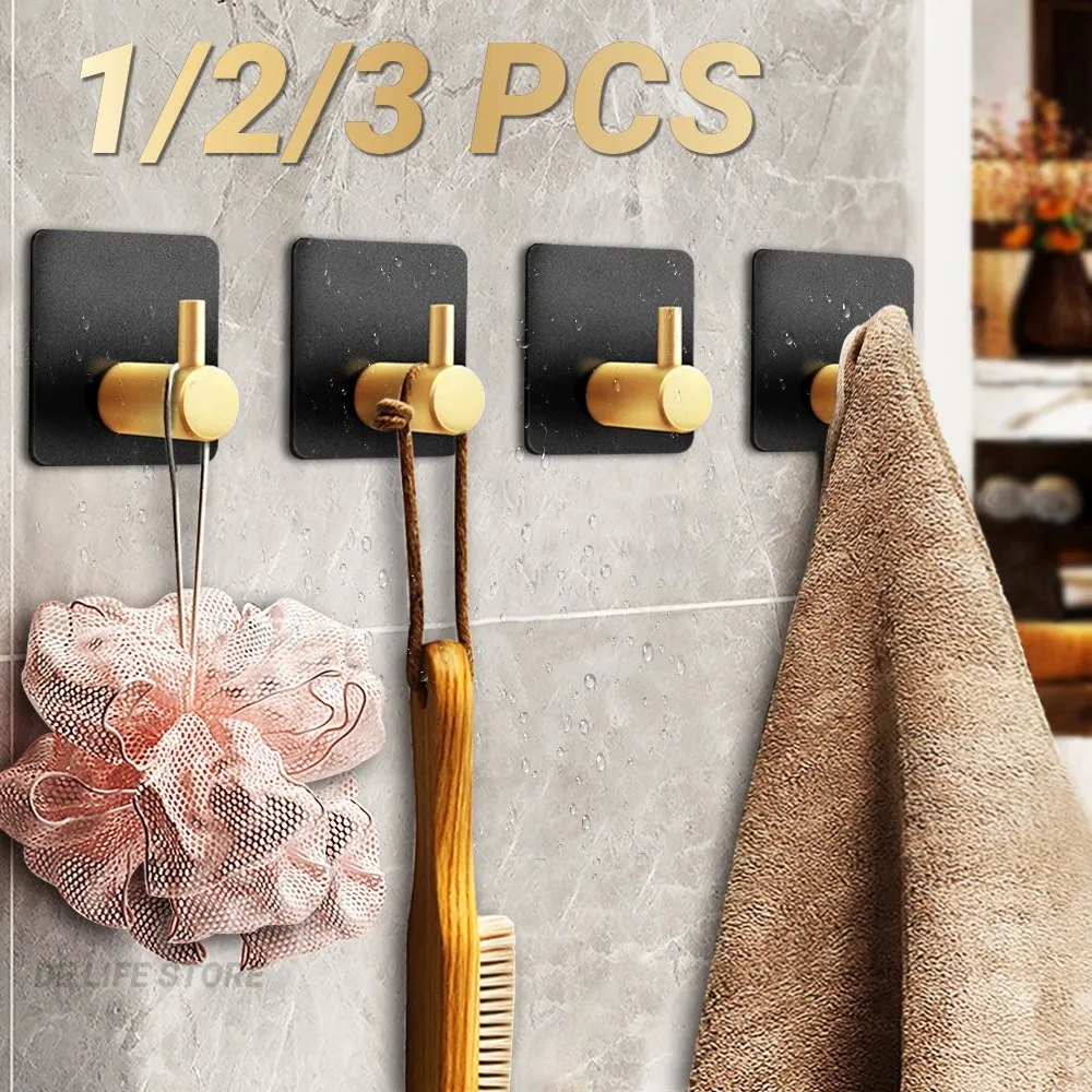1/2/3PCS Self Adhesive Wall Hook Black Gold Hanging Hooks For Wall Bathroom Towel Holder No Drill Bathroom Organaizer