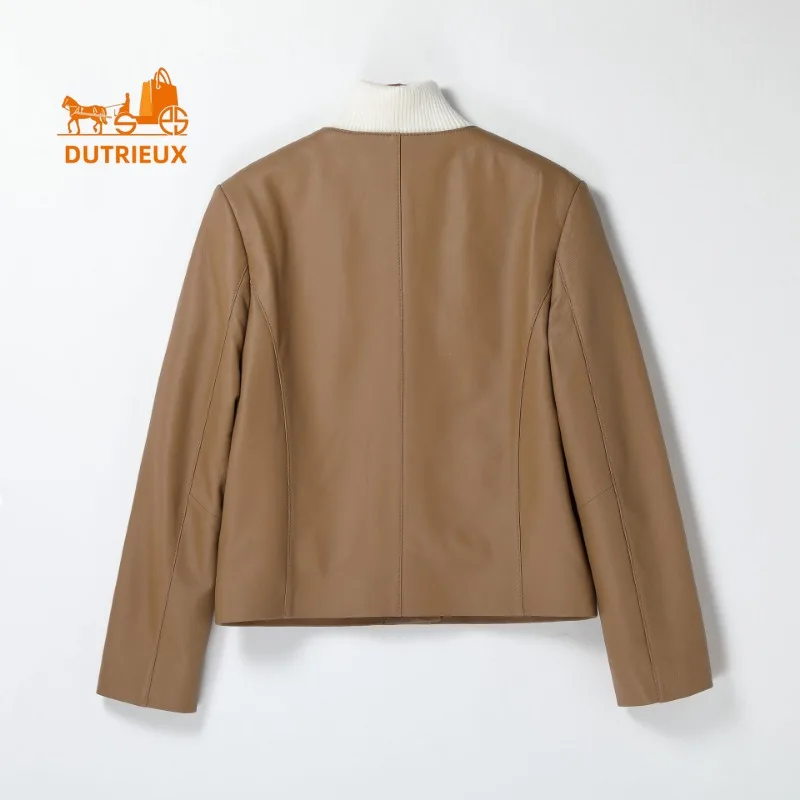 Chaqueta de cuero genuino para mujer, abrigo corto de piel de oveja con cuello redondo, temperamento elegante, chaqueta de cuero de vaca cálida para