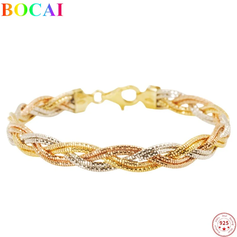 

BOCAI S925 Sterling Silver Bracelets 2022 Christmas New Classic Wide Six Wires Tricolor Braided Fashion Women's Hand Jewelry