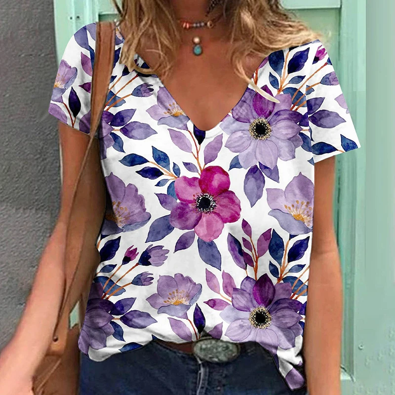 Plant Flower Floral 3D Print T-shirts Women V-Neck T Shirt Short Sleeve Y2k Top Harajuku Streetwear Oversized Tee Girl Clothing