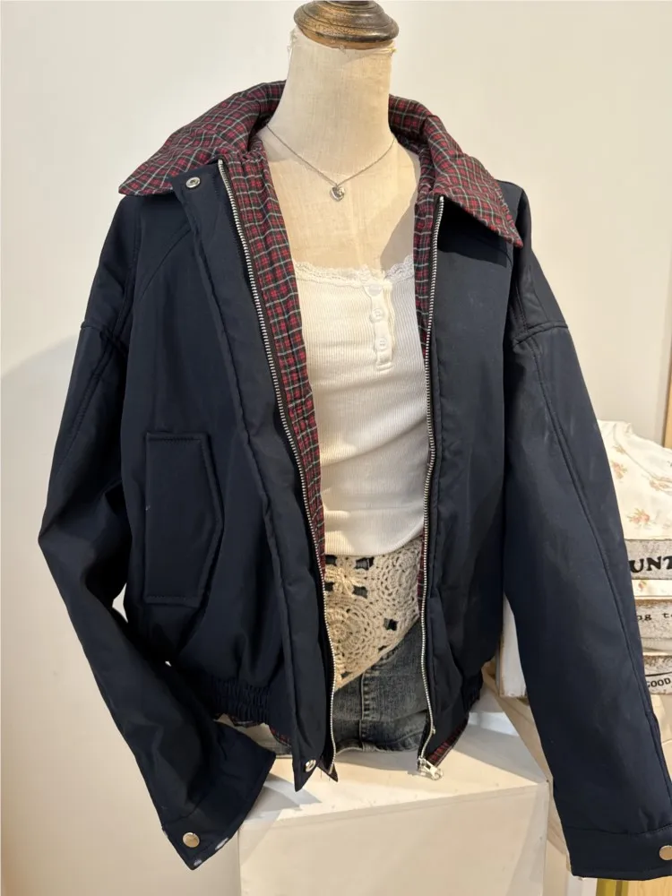 Vintage Internal Red Plaid Zipper Flight Jacket Women Autumn Cotton Warm Thick Stand Collar Jackets Chic Simple Loose Tops Y2K