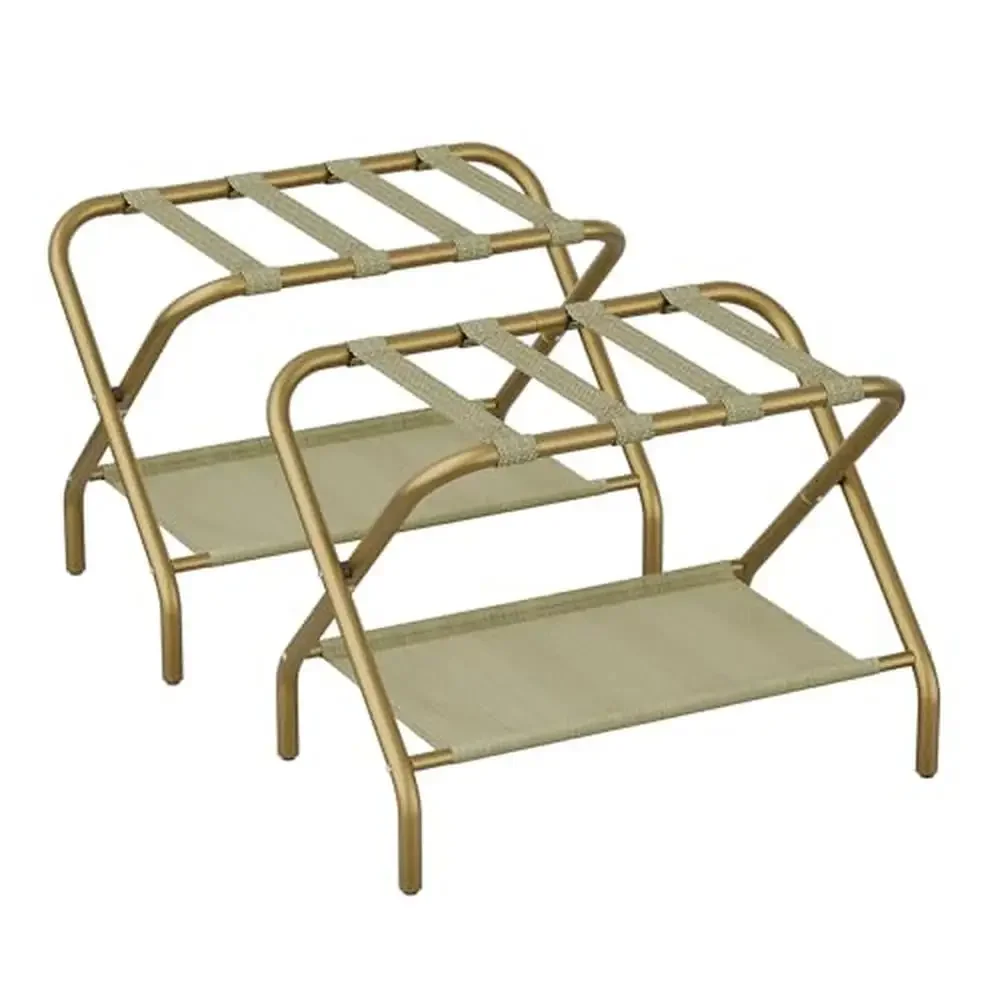 2 Pack Gold Folding Luggage Rack Guest Room Fabric Shelf Steel Portable Stand Hotel Storage Easy Use Elevate Packing Experience