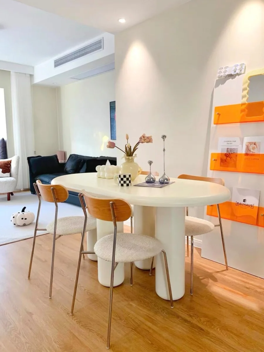 French Cream Style Dining Table and Chairs, Round Table, Small Household, Modern Simple Oval Shape