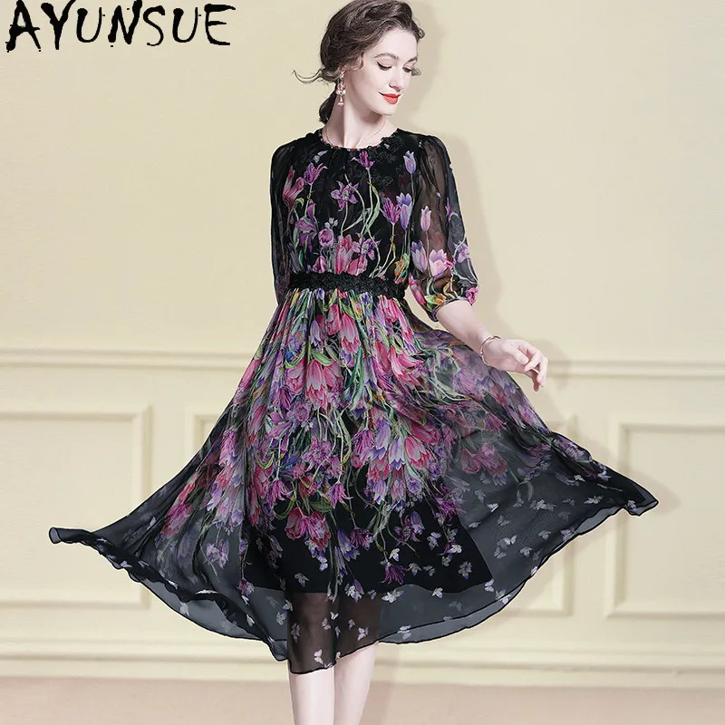 

AYUNSUE 100% Natural Mulberry Silk Beach Dress Elegant Dresses for Women Printed Summer Woman Clothes 2026 New Платье Женское