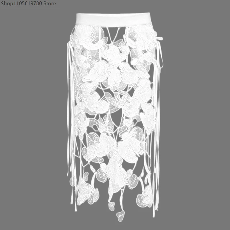 Women High Waist Runway Hollow Out Irregular Side Slit Lace Skirt Y2K Streetwear Tassel See Through Cosplay Stage Costume Outfit