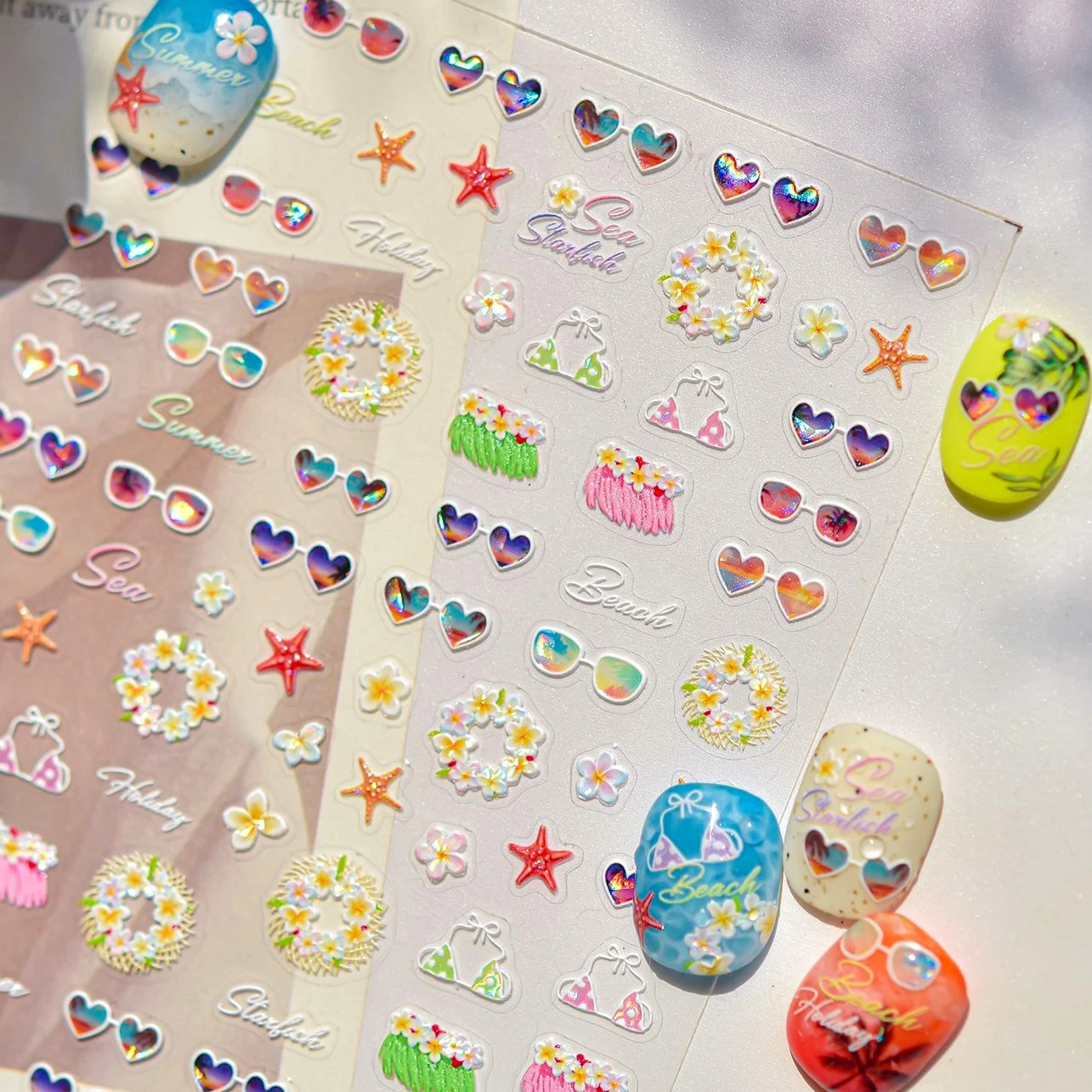 

Happy Grass Skirt Sea Frangipani Flower Wreath Wave Beach Party Coconut Tree Water Bubbles Chic Nail Art Stickers Manicure Decal