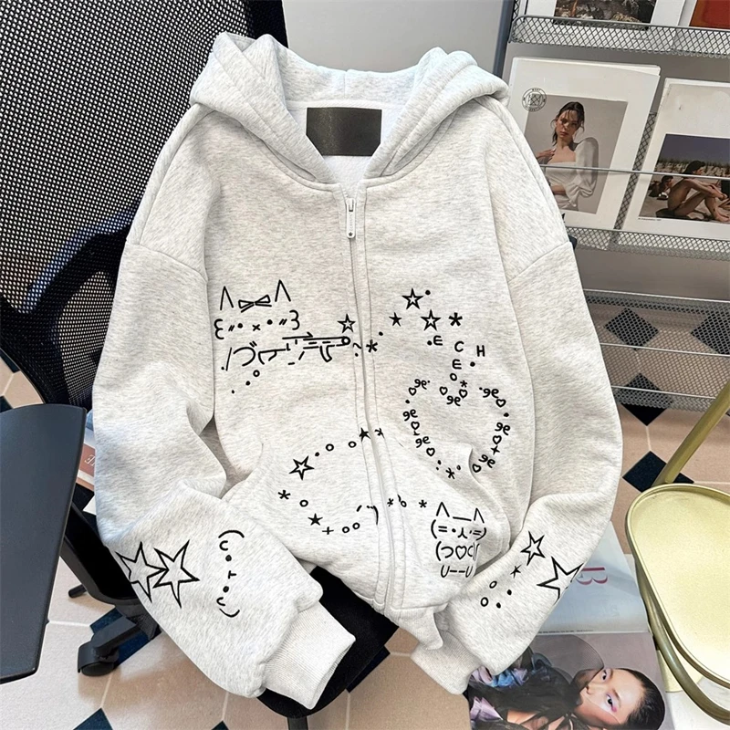 Thicken Keep Warm Zip-up Hoodies School Teenager Girls Kawaii Clothes Autumn Women Cute Cat Embroidered Hooded Sweatshirt