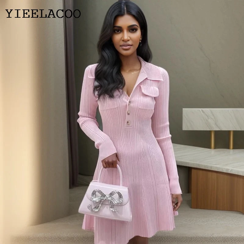 

Pink long sleeved knitted dress, autumn French socialite elegant collar slim fit dress