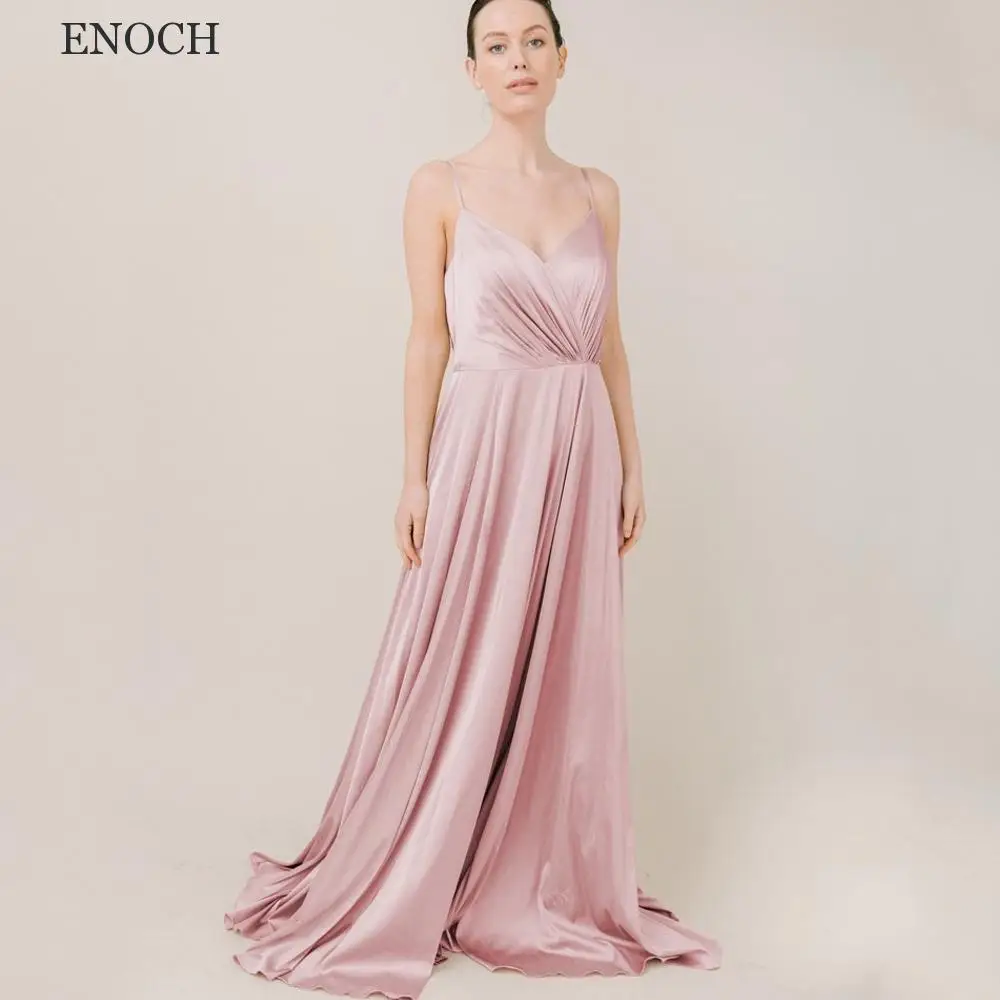 ENOCH ง่าย V คอ Satin ชุดเจ้าสาวแขนกุด Backless A-Line ชุดเดรสปาร์ตี้ Custom Made Vestidos De Gala รถไฟกวาด