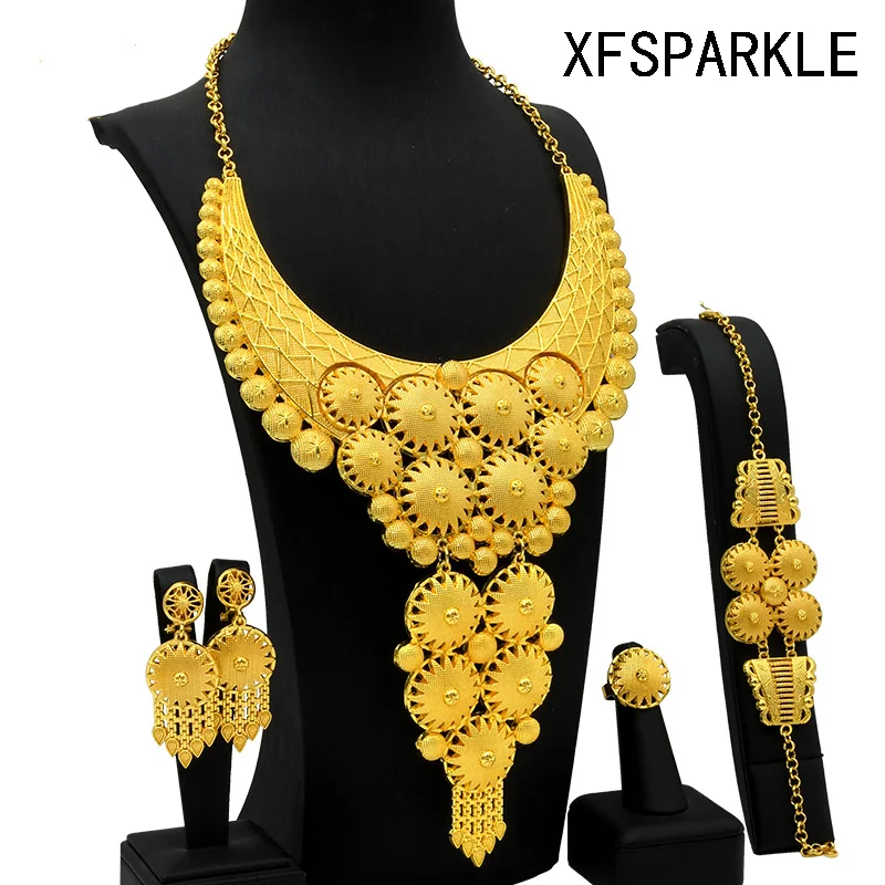 2023 China's latest design 24k gold fringe necklace earrings bracelet ring jewelry set