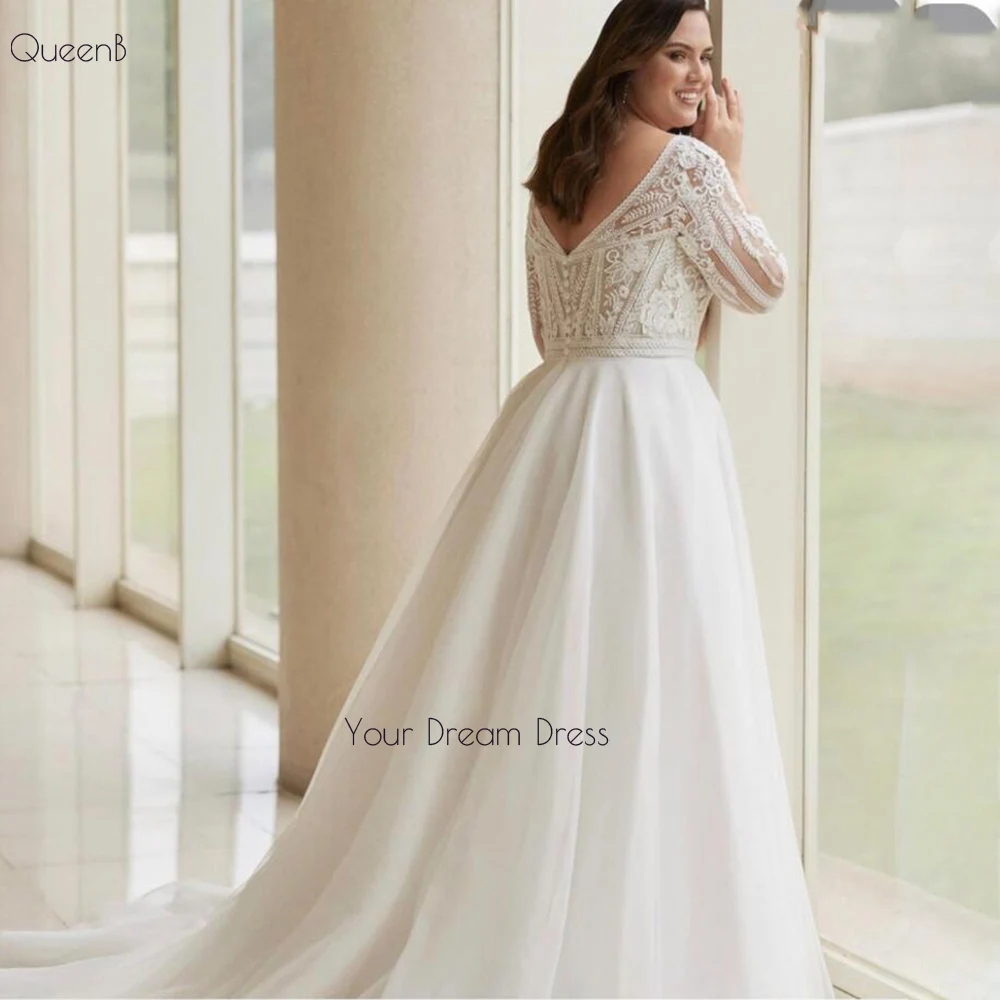 Robe de Mariée Blanche à Manches sulf, Col en V, Tulle, Balayage Traîne, Dos aux, Bouton, Sur Mesure, Grande Taille