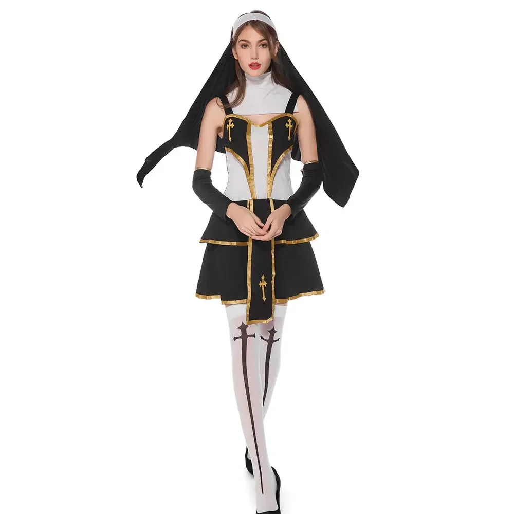 Traje de freira glamour sexy feminino com meias páscoa dia das bruxas purim trajes de festa de carnaval vestido extravagante