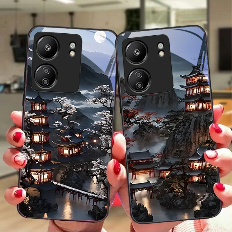 Old style building For Xiaomi Redmi 13C Note13 12 Pro Plus 5G Note 9 13T Pro POCO X6 F5 F6 Black tempered glass phone case