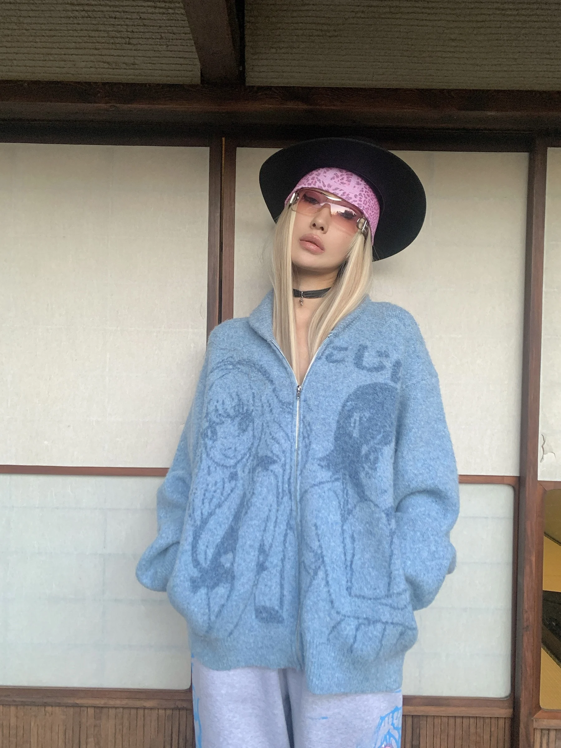 

Кардиган FourFor из шерстяной смеси с отложным воротником, уличный стиль, длинный рукав, на молнии, с мультяшным принтом, для зимы