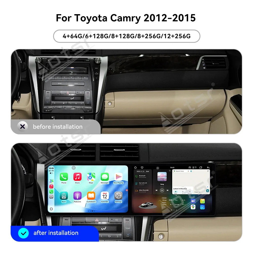 Dual Screen 10.1 Inch Android 15 CarPlay Car Radio For Toyota Camry 2012-2015 Touch Screen Multimedia Player GPS Navigation DSP