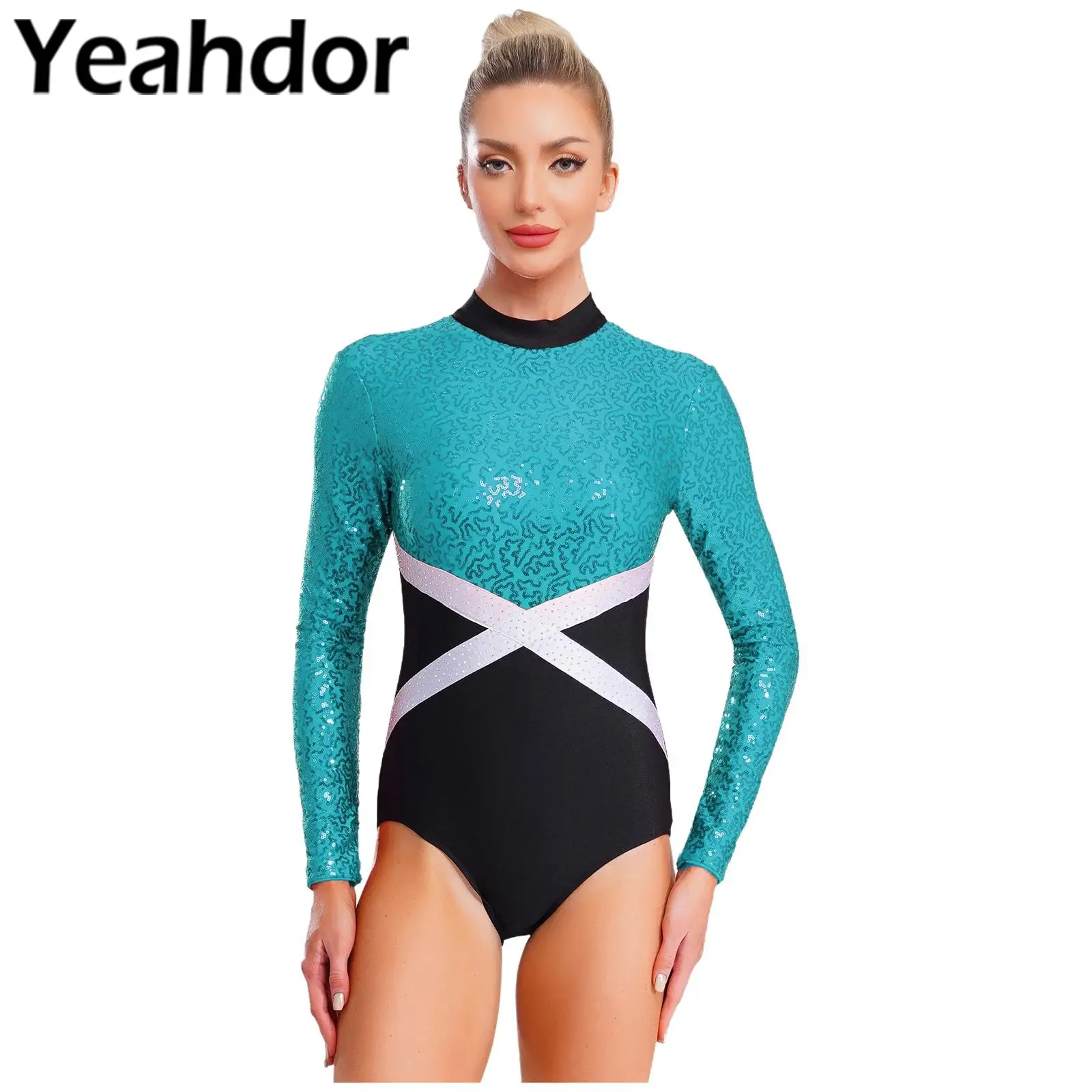 Justaucorps de gymnastique de ballet à paillettes pour femmes avec jupe en strass avec maille transparente et strass pour la danse de patinage sur glace