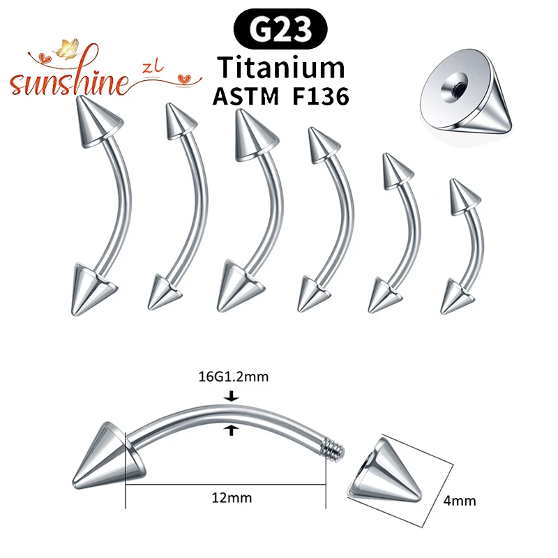 1PC G23 Titanium Spike Curved Barbell Eyebrow Ring External Thread Eyebrow Stud Cone Rook Daith Piercing Gold Color Lip Piercing