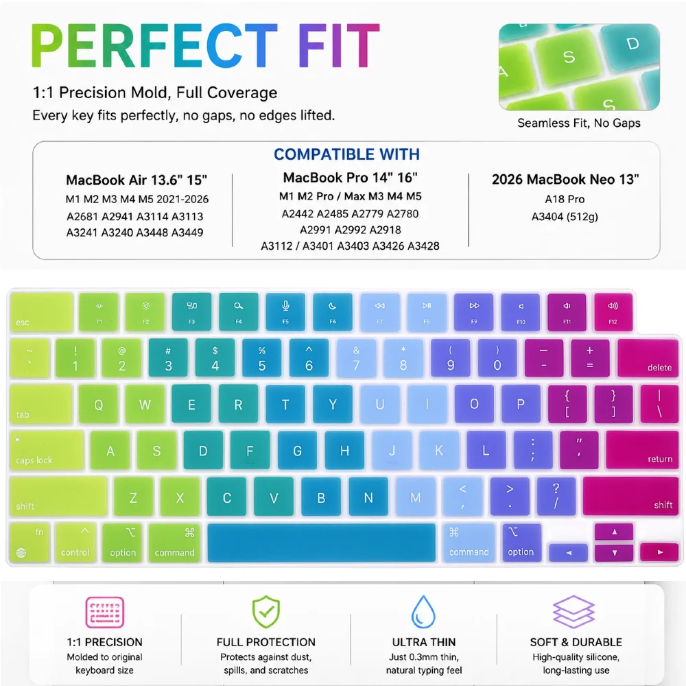 HRH Kolorowa nakładka na klawiaturę US do MacBook Pro 14" 16" Air 15" 13" 2026-2021 M5 M4 M3 M2 M1 Pro Max Chip A3240 A3241 Neo 13"A18 Pro A3404 — zdjęcie produktu 3