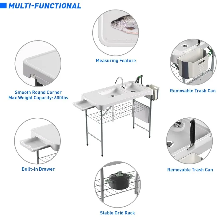 Fish Cleaning Table with Sink 42.6" Width Portable Folding Camping Table with Measure Mark|Outdoor Fish Cleaning Station