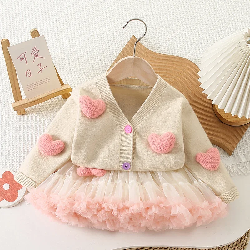 2026 New Spring 2-6Yrs Children Clothes Set Baby Girl Knitted Clothes Suit Long Sleeved Knitted Cardigan Sweater+Short Skirt