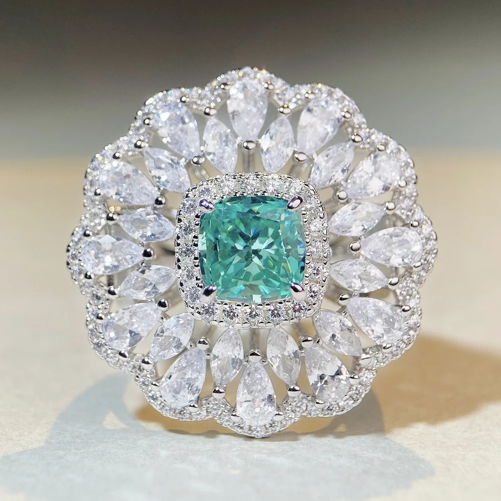 

Cross Border S925 Sterling Silver Ring, Paraiba Green Floral Full Diamond Ring, European and American Style